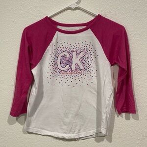 kid’s calvin klein pink white polka dot logo 3/4 quarter long sleeve t shirt top